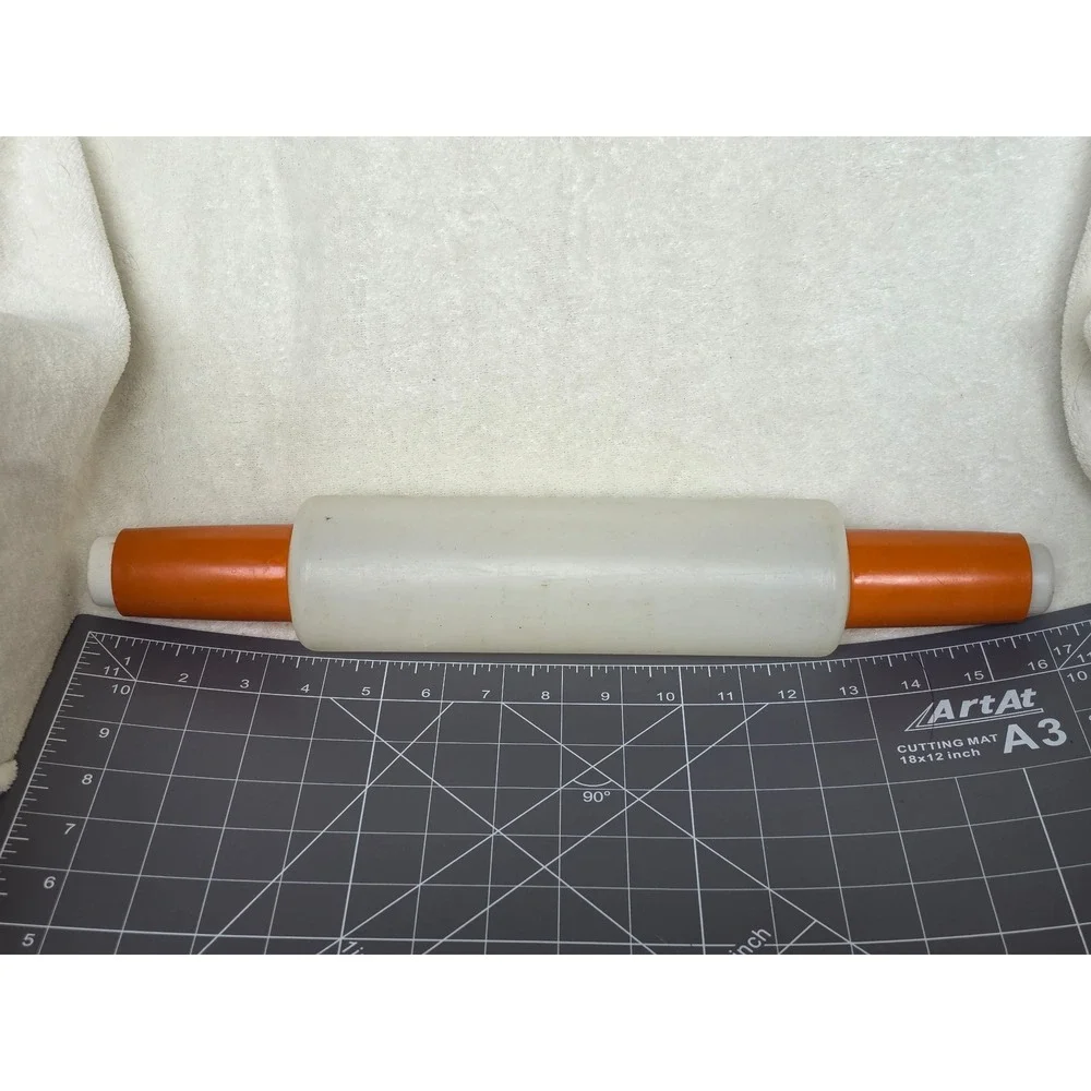 Vintage Tupperware Rolling Pin White Barrel Orange Handles Fillable Pastry Tool